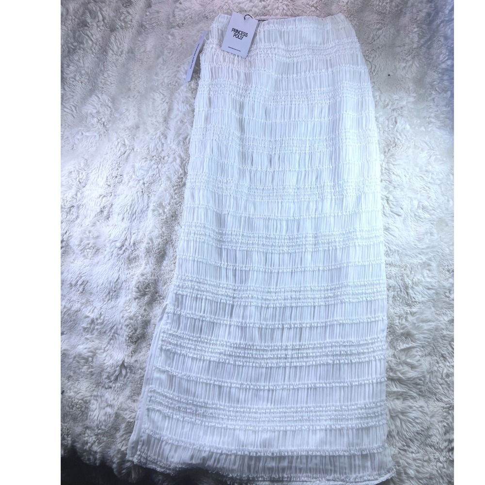Princess Polly White Textured Ruffle Maxi Skirt Side Slit NWT Size 4. A24